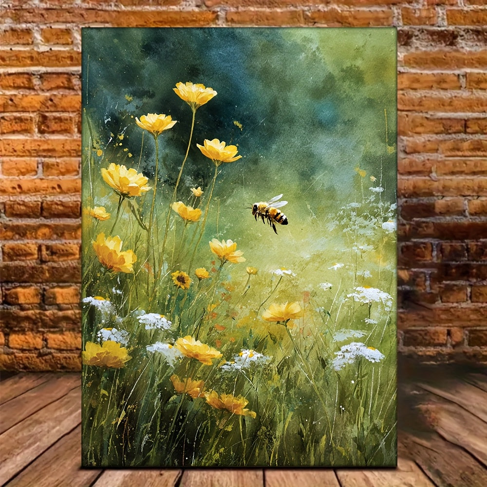 Bee Meadow Canvas Wall Art, Yellow Wildflowers and a Honey Bee in Soft Green Cottagecore Colors — artwork and room preview