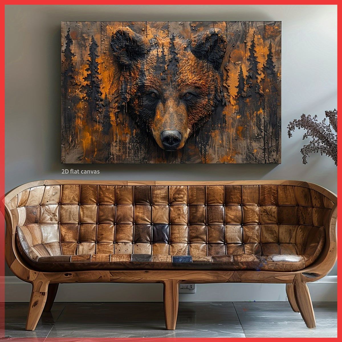 Rustic Bear Canvas Wall Art, Brown Bear Portrait Blended with Orange Woodland Texture for Cabin Decor — artwork and room preview