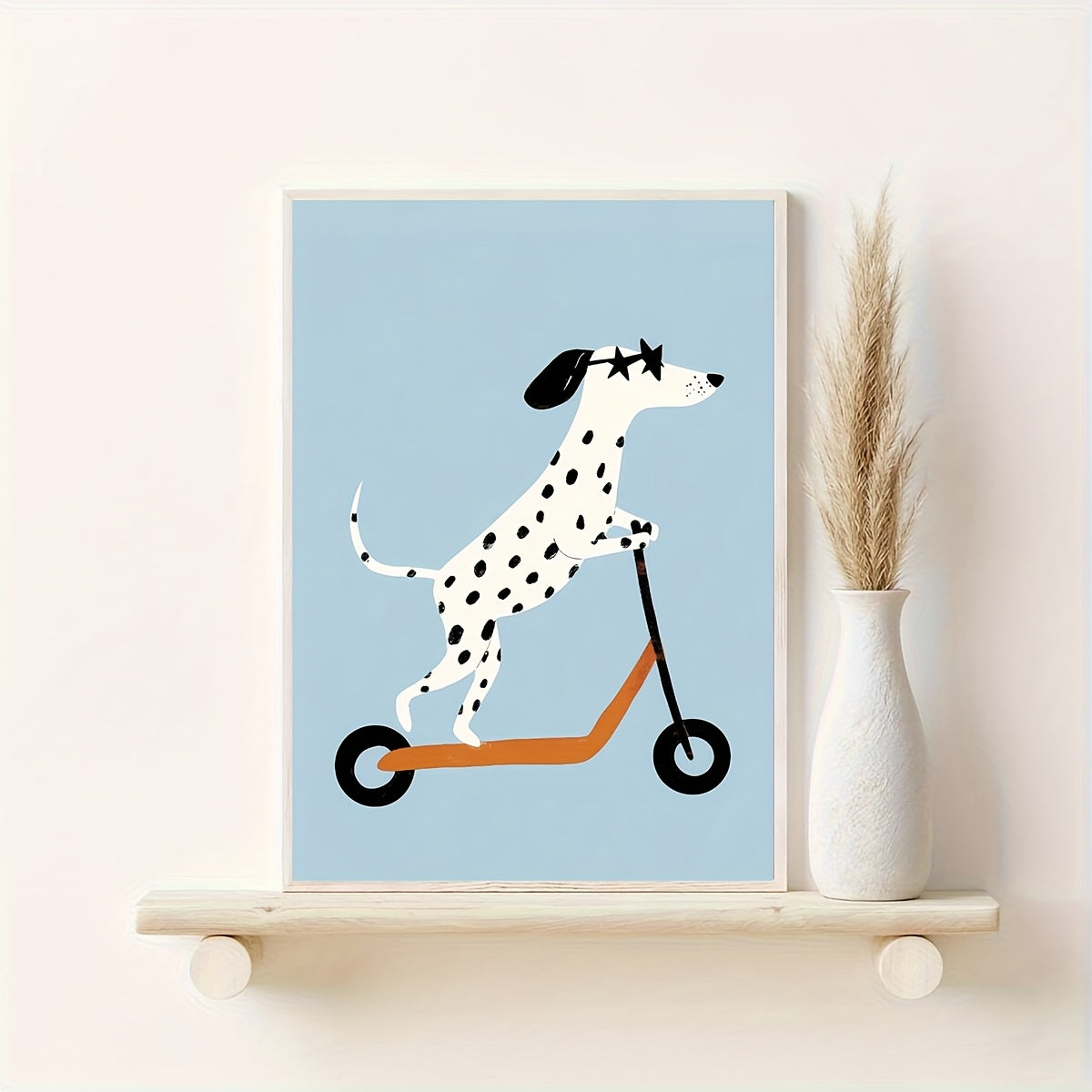 Dalmatian on a Scooter Canvas Wall Art, Playful Dog with Sunglasses on Blue for Kids Room — artwork and room preview