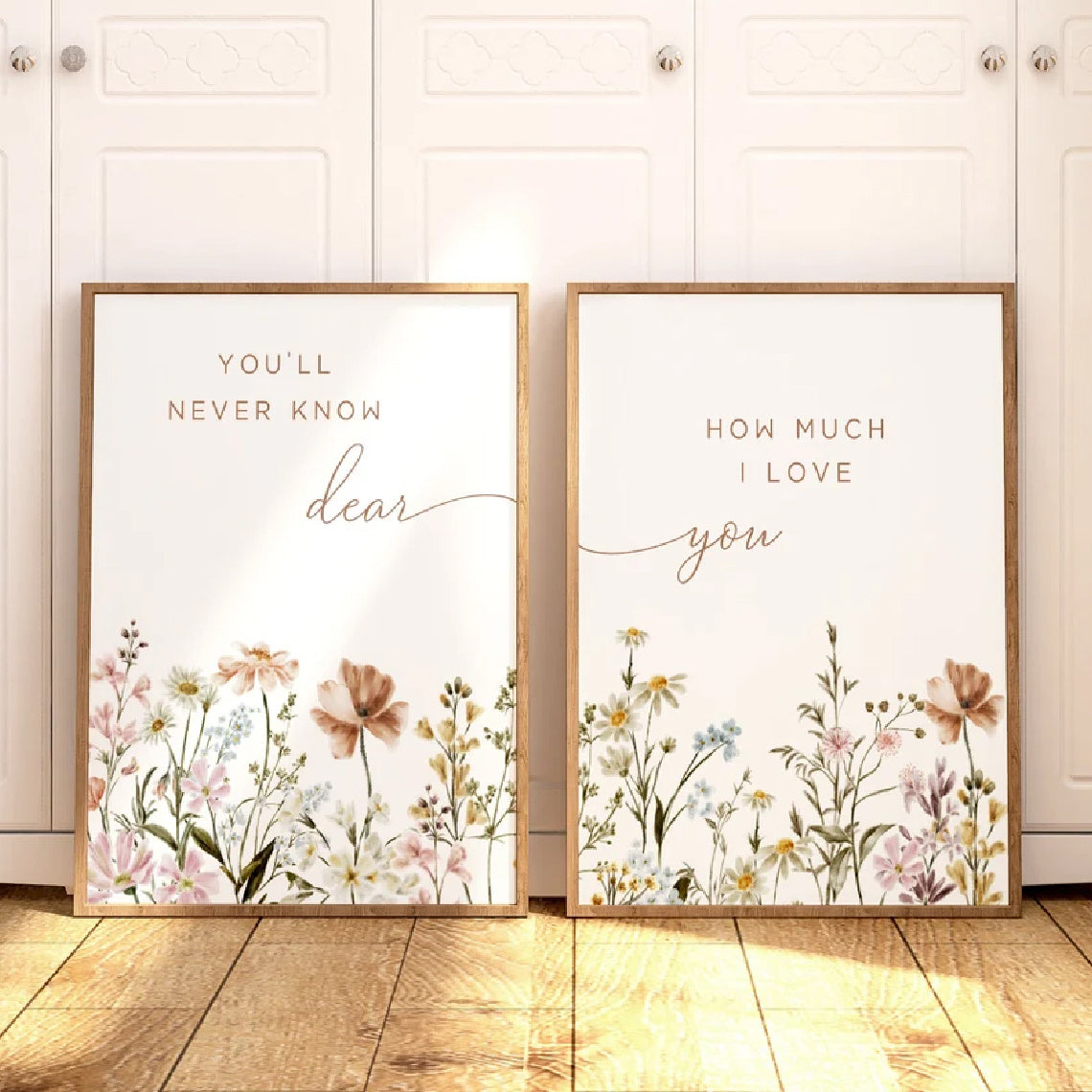 Wildflower Nursery Canvas Wall Art Set of 2, You Will Never Know Dear and I Love You Botanical Quotes — artwork and room preview