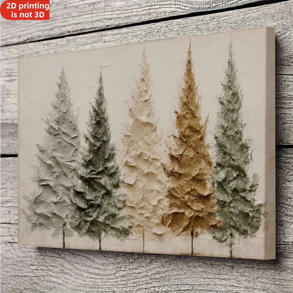 Neutral Pine Trees Canvas Wall Art, Cream Green and Gold Forest Print with a Textured Paint Effect — artwork and room preview
