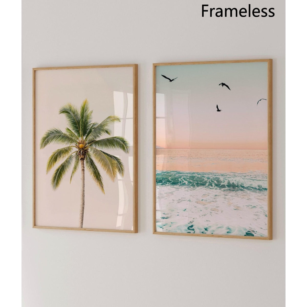 Tropical Beach Canvas Wall Art Set of 2, Palm Tree and Pastel Ocean Photography for Coastal Bedroom — artwork and room preview