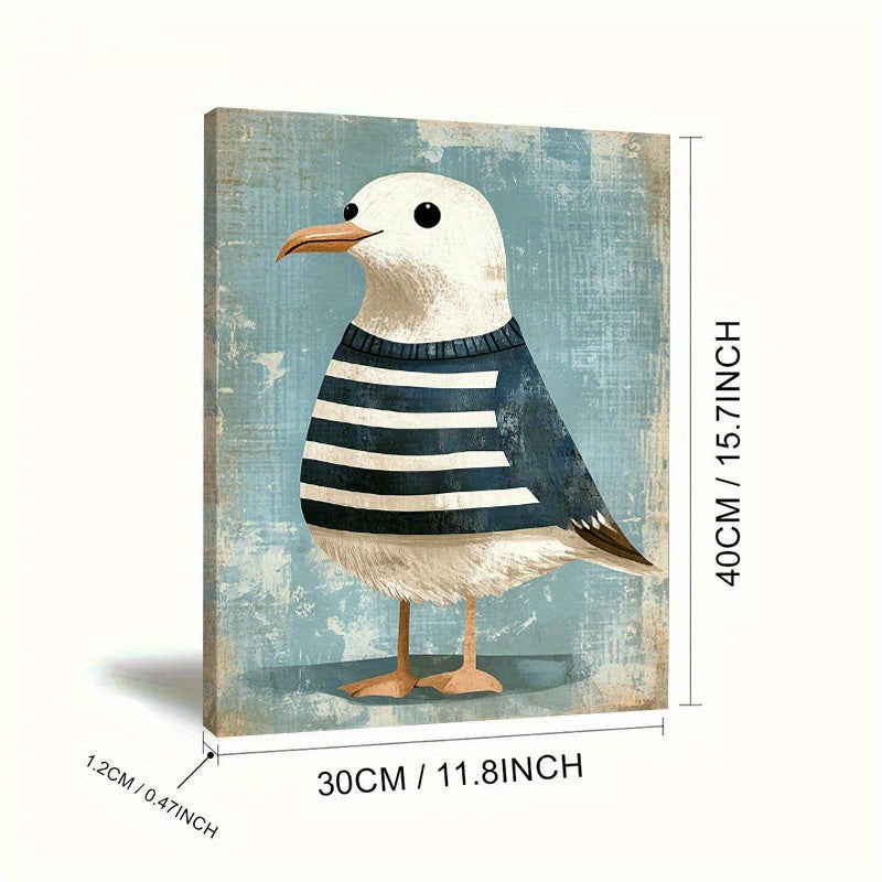 Seagull in a Striped Sweater Canvas Wall Art, Playful Nautical Bird Portrait for Coastal Decor — artwork and room preview