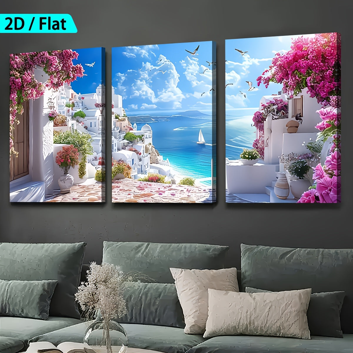 Mediterranean Seaside Canvas Wall Art Set of 3, White Village Pink Bougainvillea and Bright Blue Sea — artwork and room preview