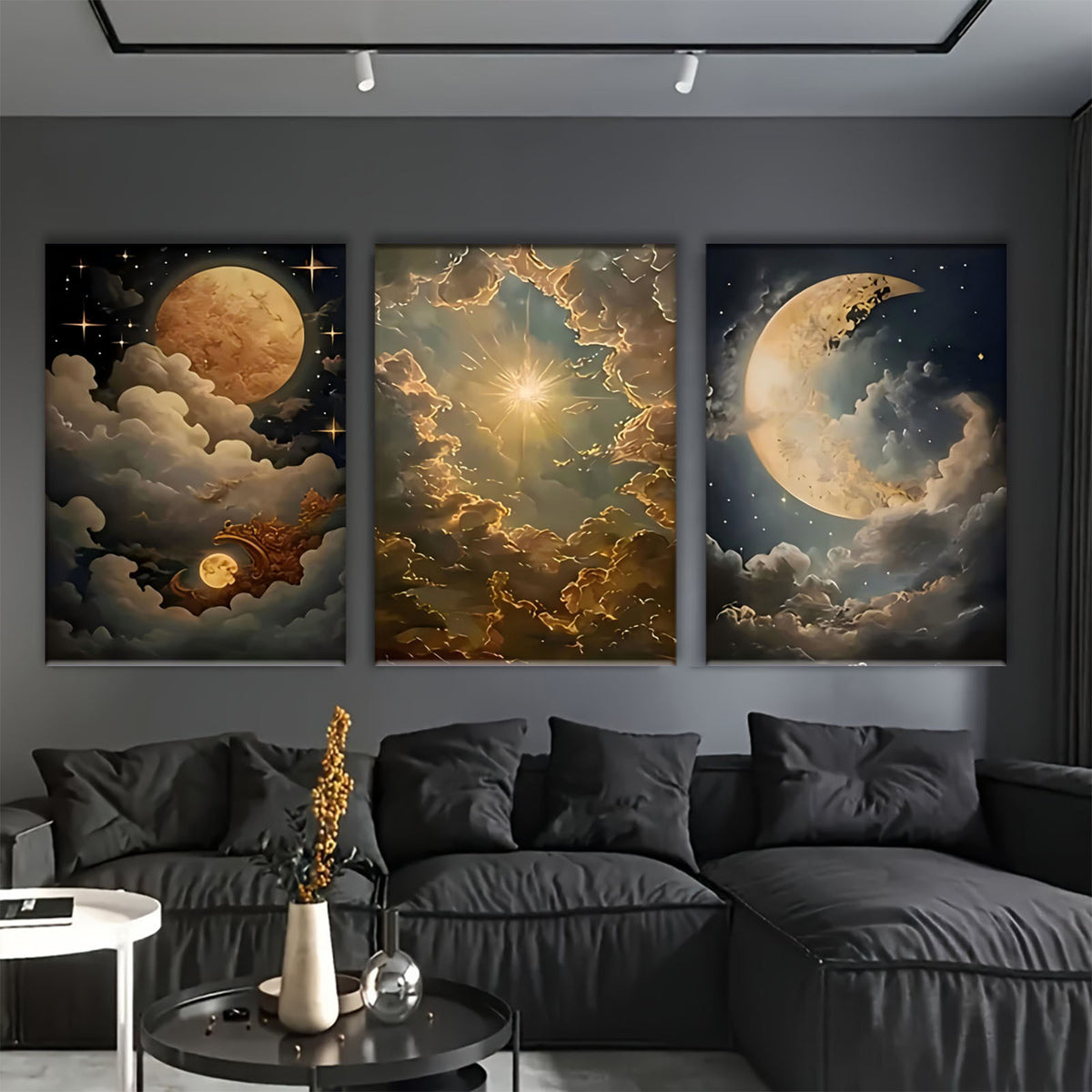 Sun Moon and Clouds Canvas Wall Art Set of 3, Golden Celestial Light on a Deep Blue Sky — artwork and room preview