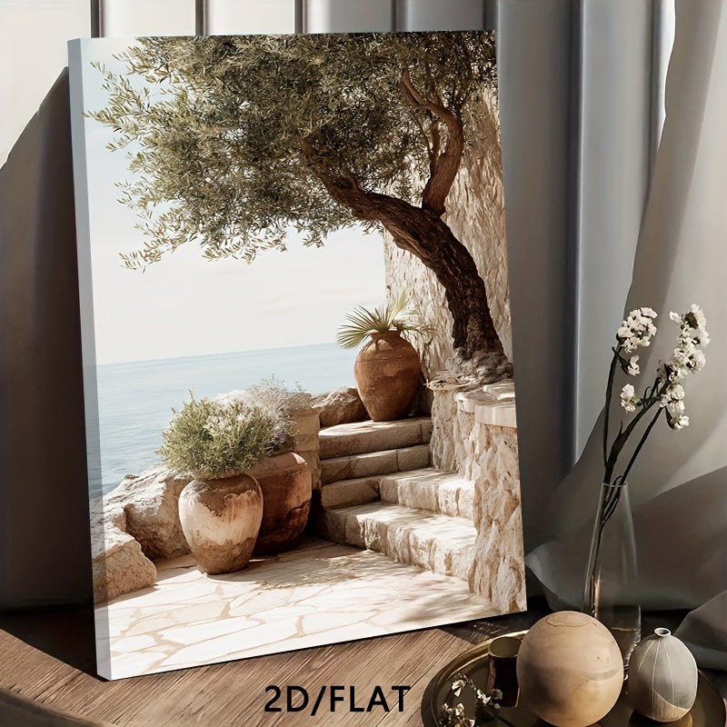 Mediterranean Olive Tree Canvas Wall Art, Sunlit Stone Steps and Terracotta Pots by the Sea — artwork and room preview