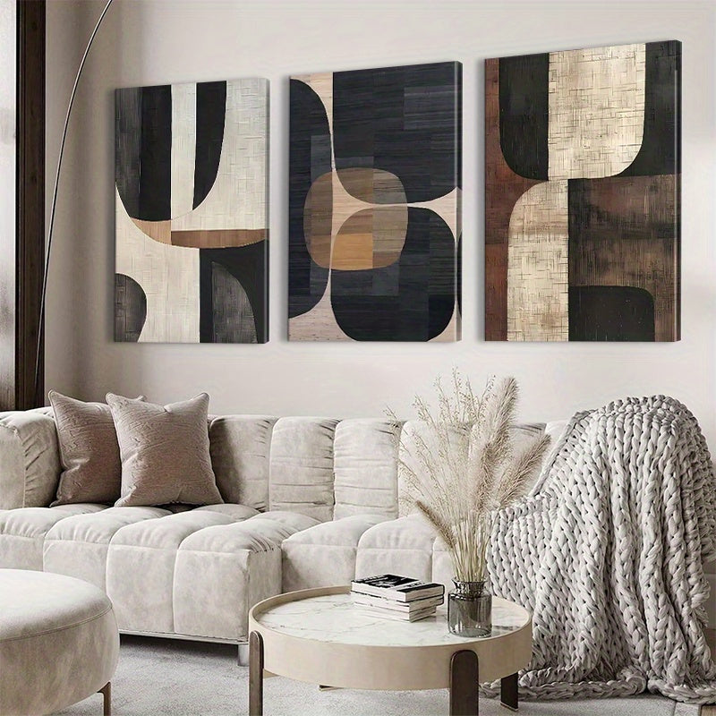 Modern Abstract Canvas Wall Art Set of 3, Black Brown and Beige Curved Geometric Shapes — artwork and room preview