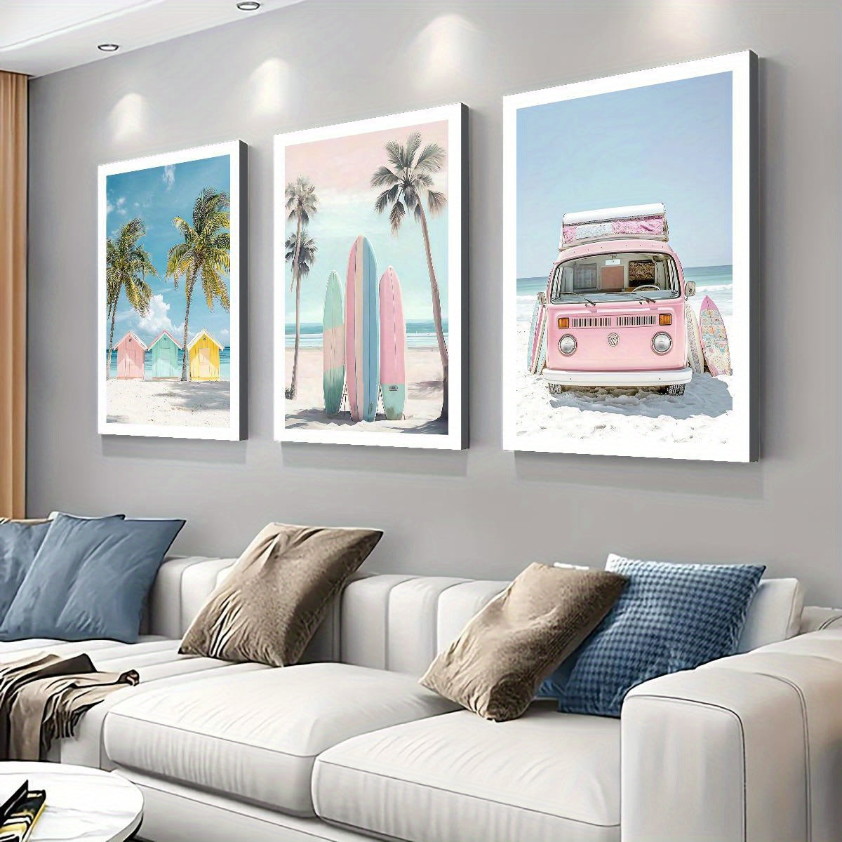 Retro Beach Canvas Wall Art Set of 3, Pink Camper Van Surfboards and Tropical Palm Trees — artwork and room preview