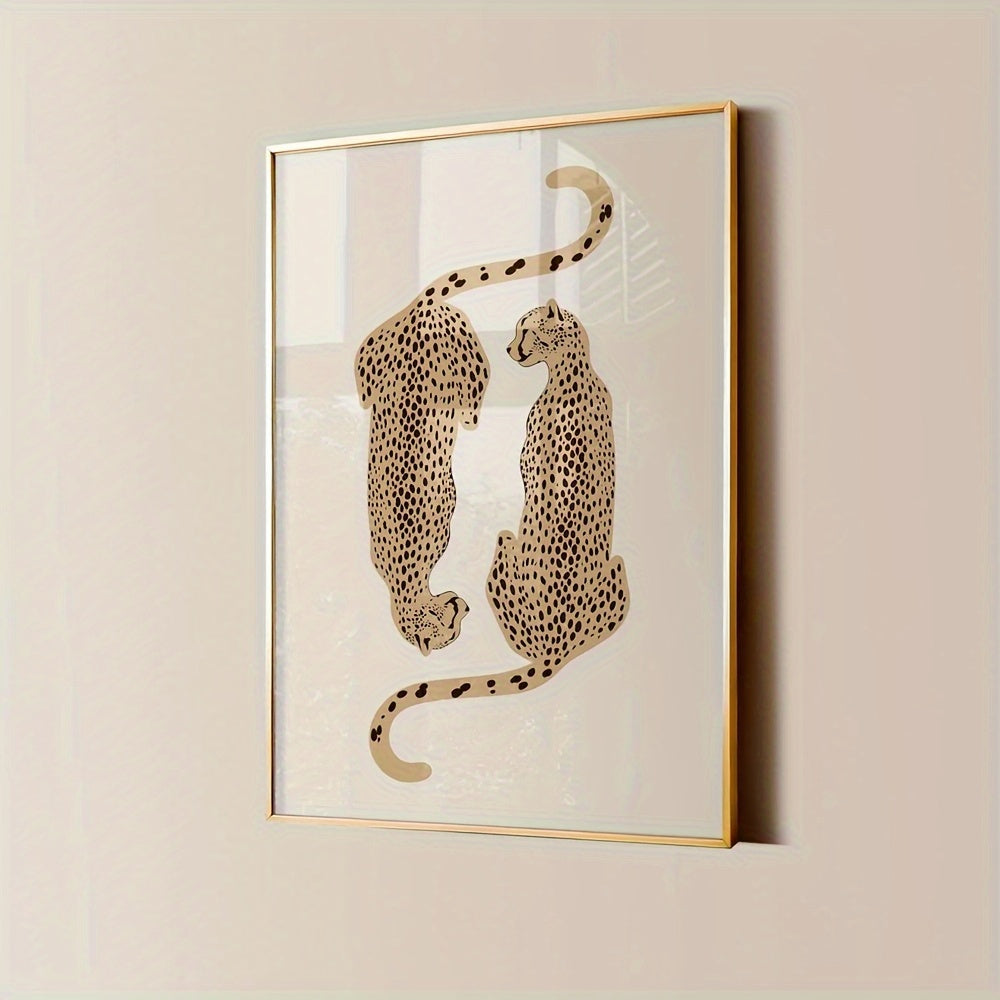 Vintage Leopard Canvas Wall Art, Paired Spotted Cats on Beige for Minimalist Wildlife Decor — artwork and room preview