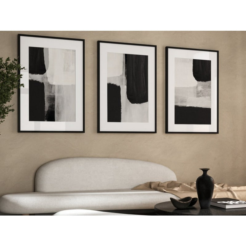 Monochrome Abstract Canvas Wall Art Set of 3, Black Grey and White Geometric Japandi Prints — artwork and room preview