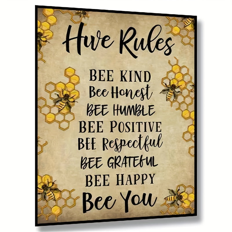 Hive Rules Canvas Wall Art, Yellow Honeycomb and Bees with Kindness Quotes for Home or Office — artwork and room preview