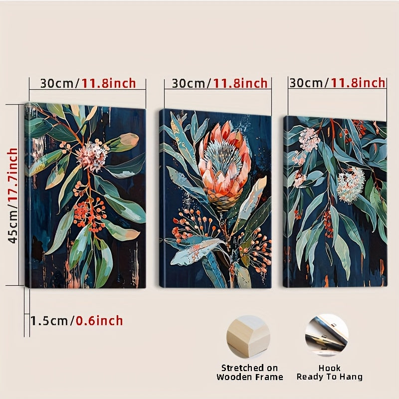 Australian Botanical Canvas Wall Art Set of 3, Native Flowers and Leaves on a Dark Blue Background — artwork and room preview