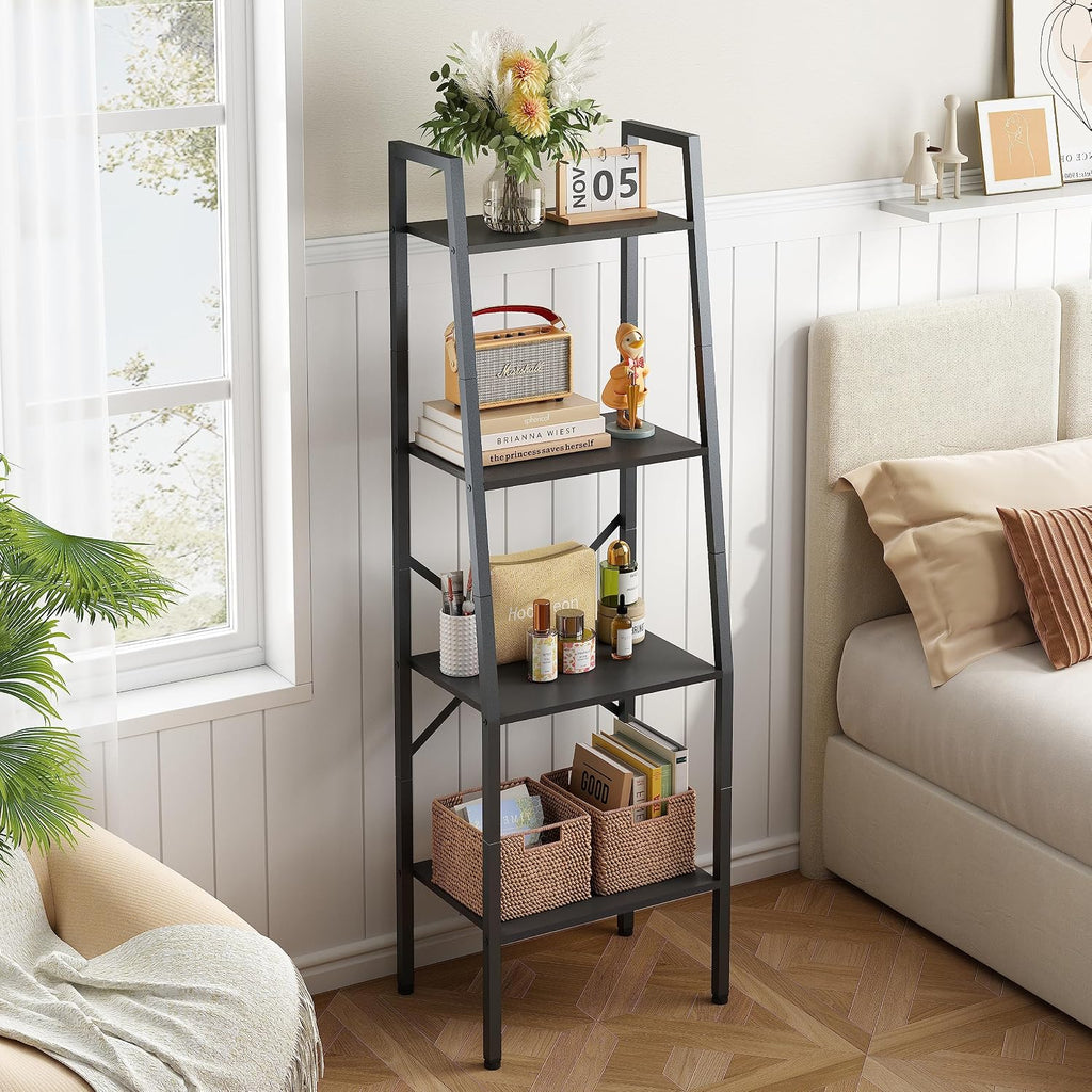 Hoctieon Ladder Shelf Bookcase, 4-Tier Industrial Tall Ladder Bookshelf with Metal Frame for Living Room, Kitchen, Home Office, Bedroom, Rustic Brown