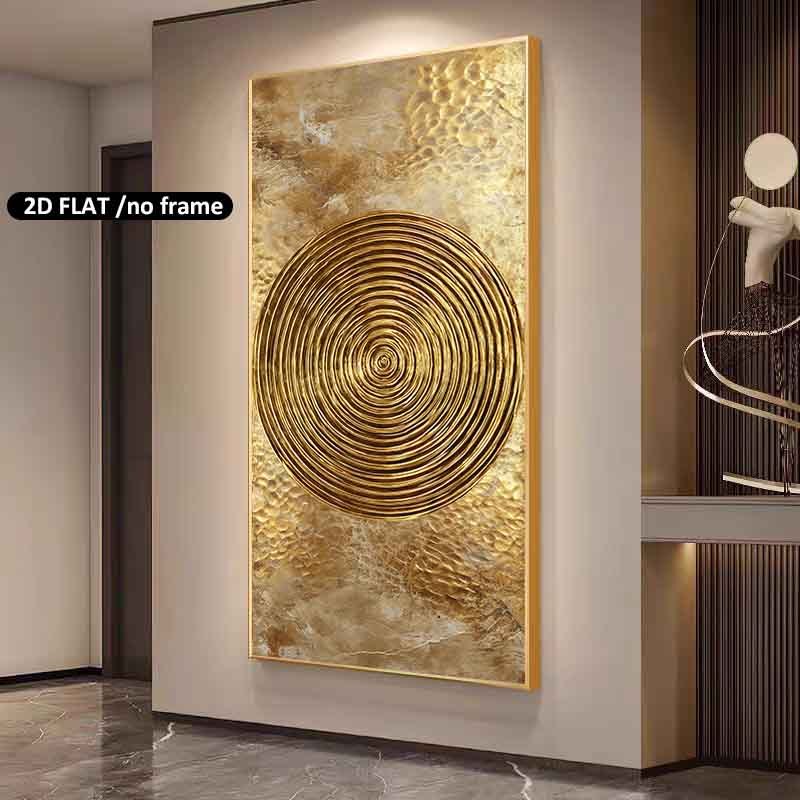 Golden Spiral Canvas Wall Art, Modern Abstract Circular Pattern on a Warm Gold Tone Background — artwork and room preview