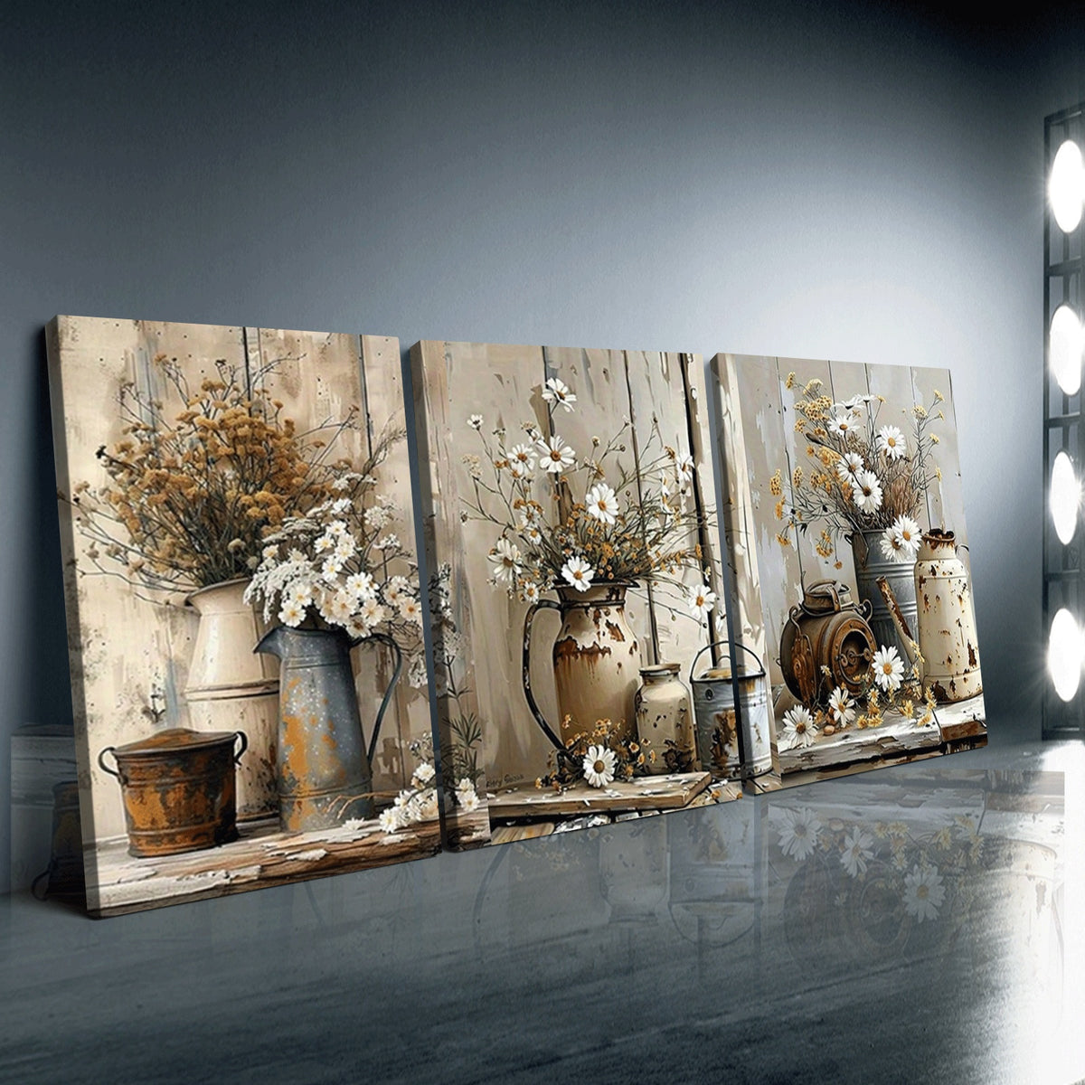 Farmhouse Floral Canvas Wall Art Set of 3, White Flowers and Rustic Watering Cans in Neutral Tones — artwork and room preview