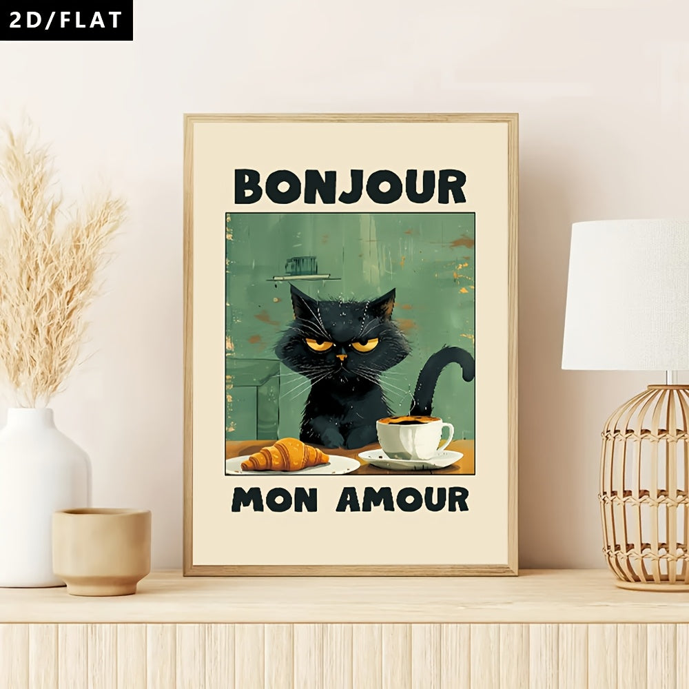 Bonjour Mon Amour Canvas Wall Art, Funny Black Cat at Breakfast in a Retro Green and Cream Print — artwork and room preview