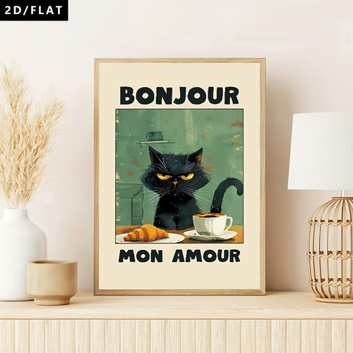 Bonjour Mon Amour Canvas Wall Art, Funny Black Cat at Breakfast in a Retro Green and Cream Print — artwork and room preview