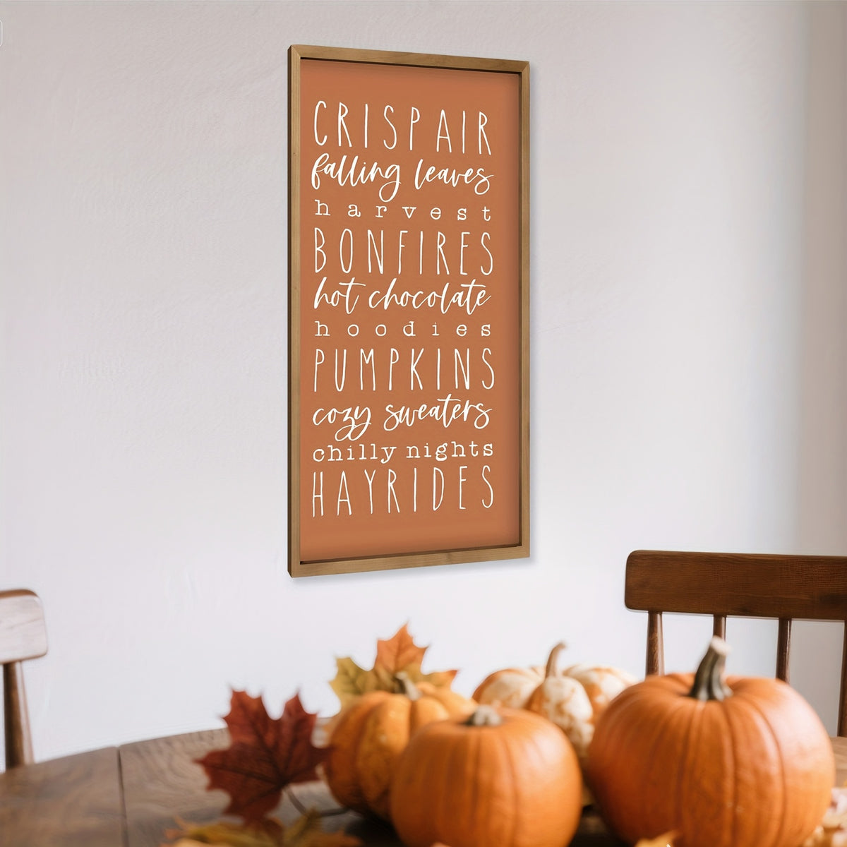 Rustic Fall Typography Canvas Wall Art, Pumpkins Harvest Bonfires and Cozy Autumn Quotes in Warm Brown — artwork and room preview