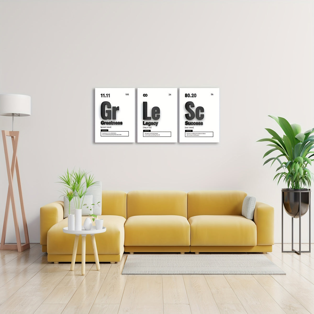 Inspirational Typography Canvas Wall Art Set of 3, Greatness Legacy and Success Prints for Office Decor — artwork and room preview