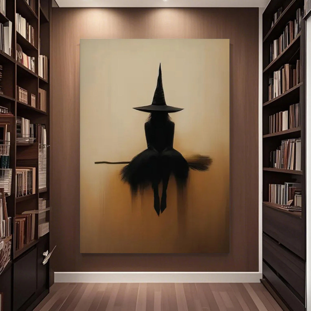Minimalist Witch Silhouette Canvas Wall Art, Black Broomstick Figure on Beige for Gothic Halloween Decor — artwork and room preview