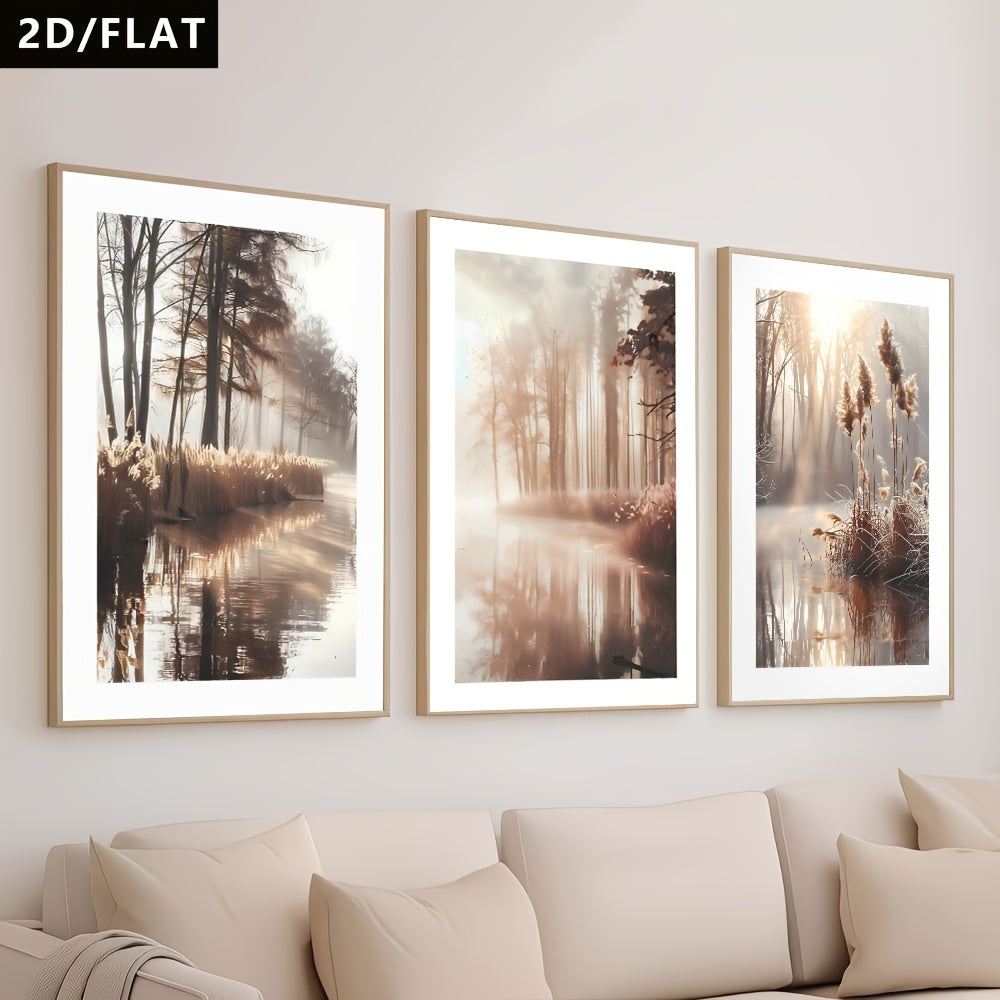 Morning Mist Forest Canvas Wall Art Set of 3, Soft Woodland Lake and Reed Landscape Prints — artwork and room preview