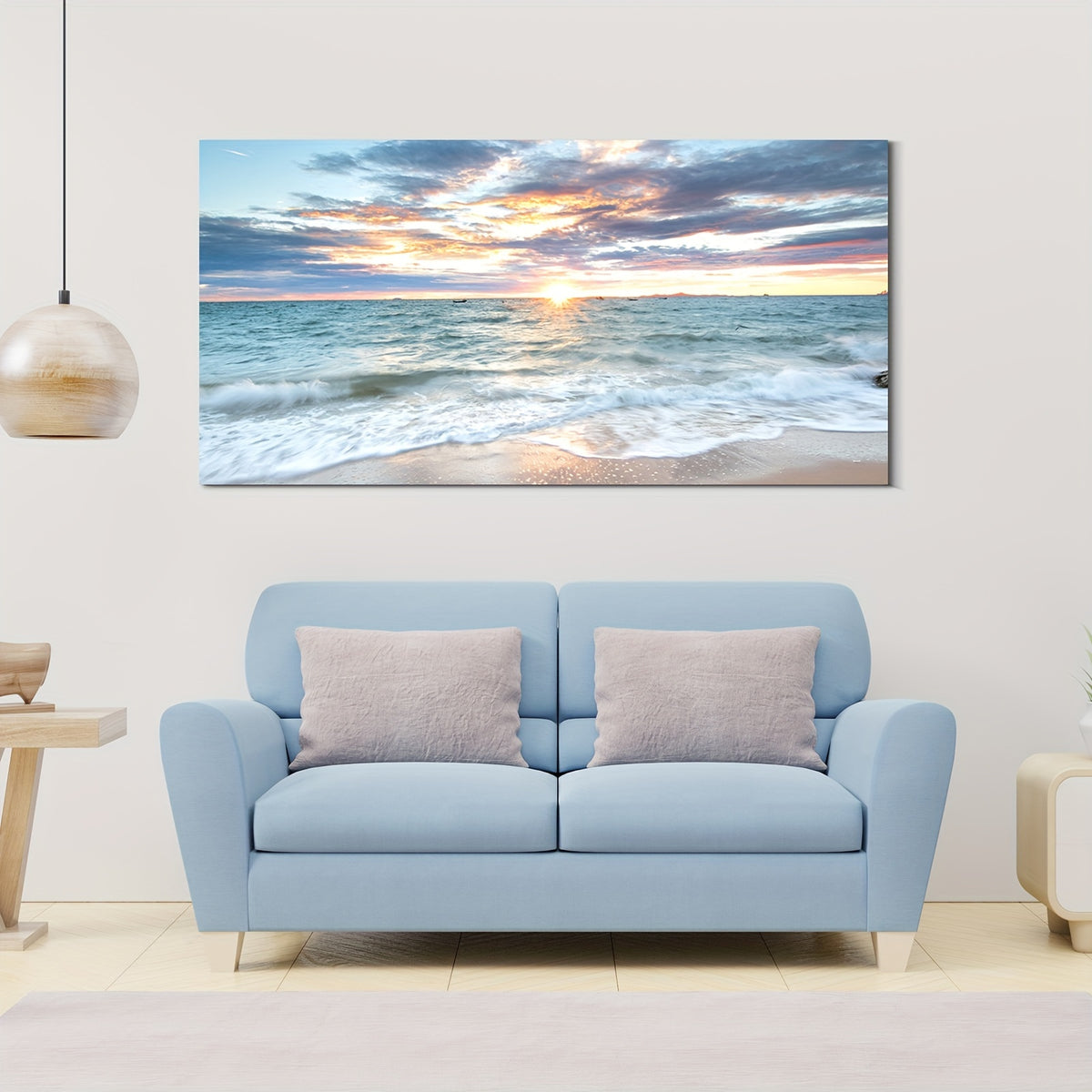 Ocean Beach Sunset Canvas Wall Art, Soft Blue Waves and Pastel Coastal Sky for Living Room — artwork and room preview