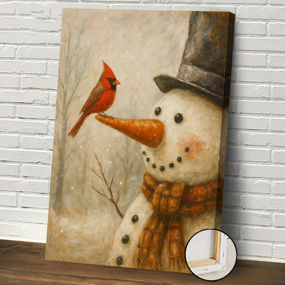 Winter Snowman Canvas Wall Art, Red Cardinal and Plaid Scarf in a Rustic Christmas Portrait — artwork and room preview