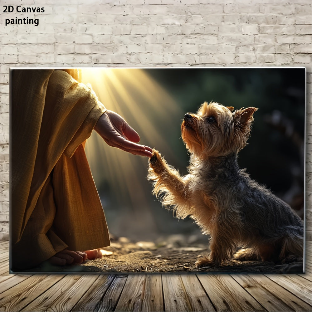 Yorkshire Terrier Canvas Wall Art, Small Dog Reaching toward a Gentle Hand in a Warm Rustic Scene — artwork and room preview