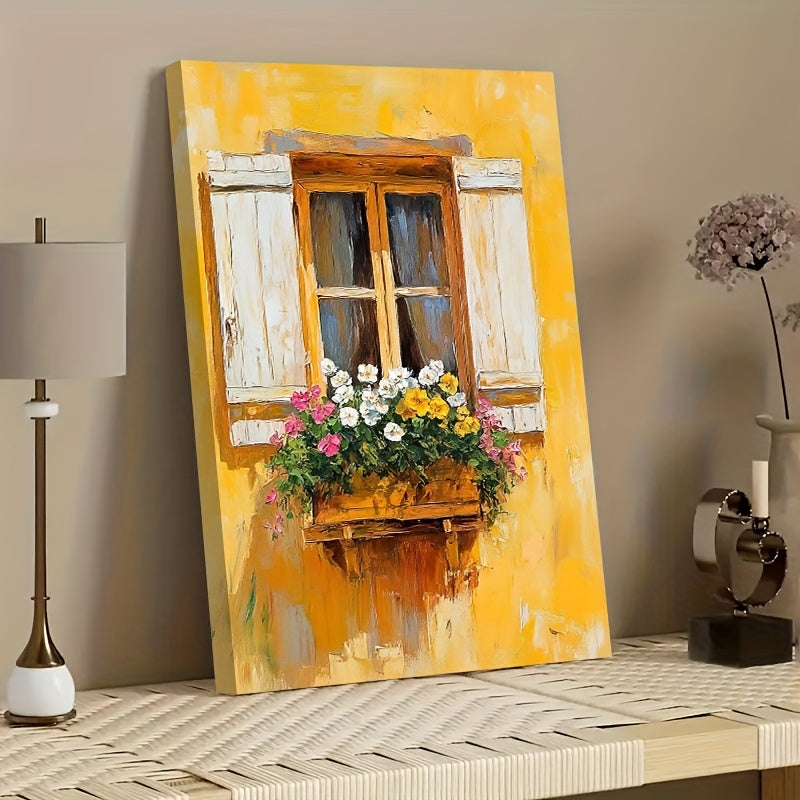 Yellow Window Flower Canvas Wall Art, Rustic Mediterranean Shutters and Pink Blossoms — artwork and room preview