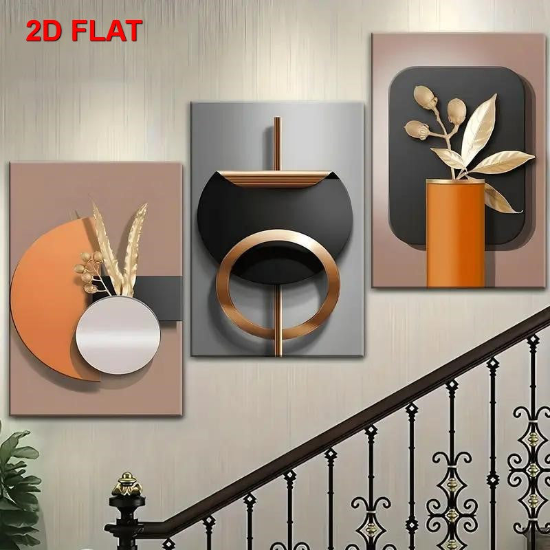Modern Abstract Vase Canvas Wall Art Set of 3, Orange Black and Neutral Geometric Botanical Prints — artwork and room preview