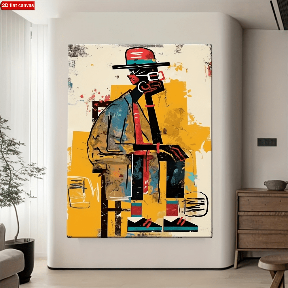 Modern African Abstract Canvas Wall Art, Colorful Seated Figure in a Bold Suit on Yellow — artwork and room preview