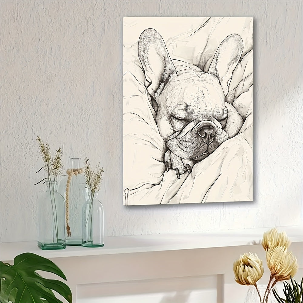 Sleeping French Bulldog Canvas Wall Art, Minimalist Black and White Line Drawing for Bedroom — artwork and room preview