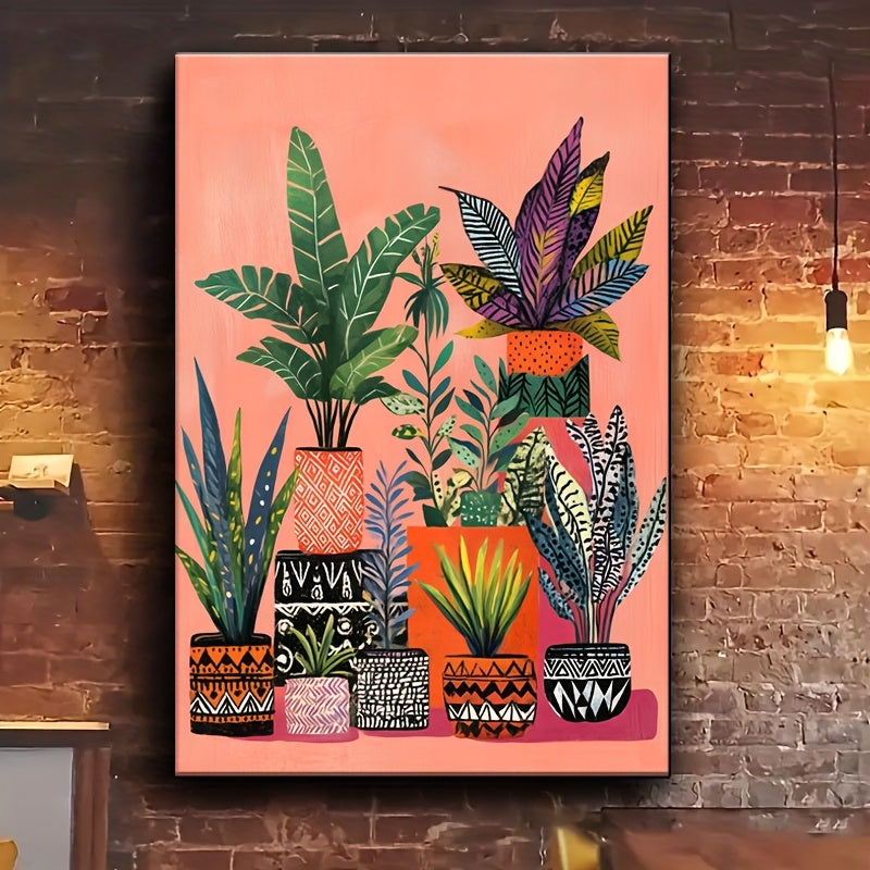 Colorful Potted Plant Canvas Wall Art, Tropical Leaves and Patterned Pots on Coral Pink — artwork and room preview