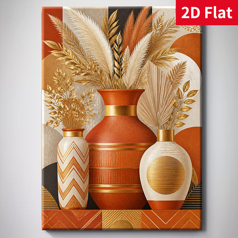 Terracotta Vase Canvas Wall Art, Golden Feathers and Pampas Grass with Warm Geometric Shapes — artwork and room preview