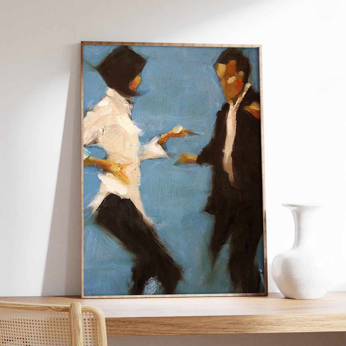 Retro Cinema Dance Canvas Wall Art, Expressive Couple on Blue in an Abstract Vintage Style — artwork and room preview