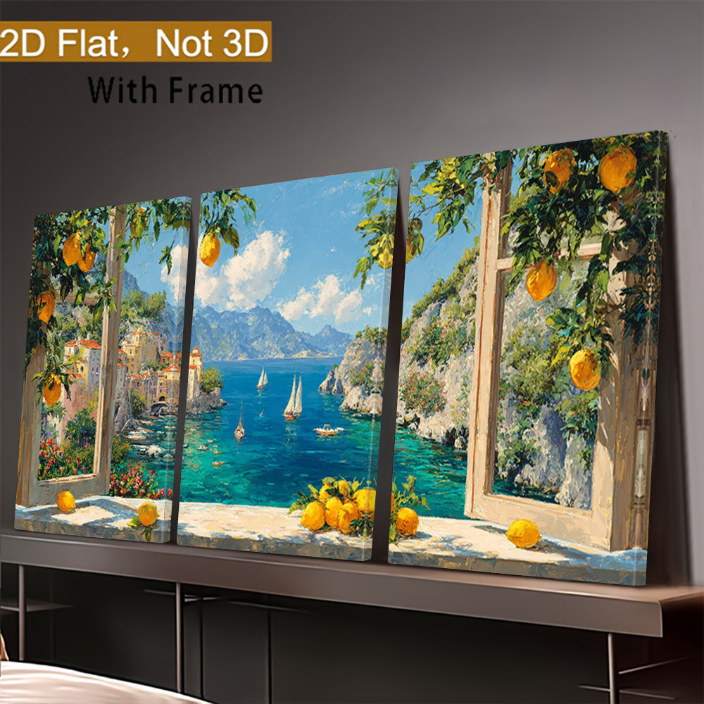 Mediterranean Coastal Canvas Wall Art Set of 3, Sunny Sea View with Lemons and Flowering Vines — artwork and room preview