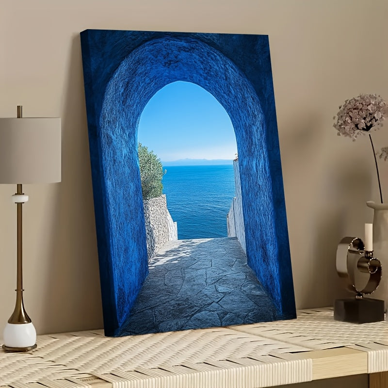Blue Coastal Archway Canvas Wall Art, Mediterranean Ocean View through a Sunlit Stone Passage — artwork and room preview