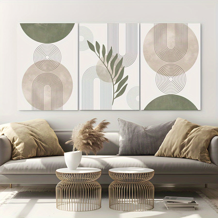 Nordic Geometric Canvas Wall Art Set of 3, Sage Green Botanical Lines and Neutral Abstract Circles — artwork and room preview