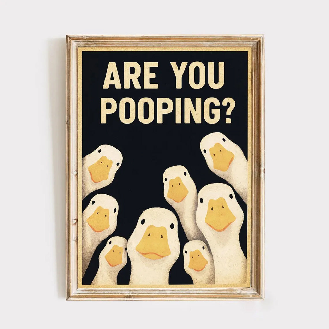 Funny Goose Canvas Wall Art, Are You Pooping Quote in a Vintage Style for Bathroom Decor — artwork and room preview
