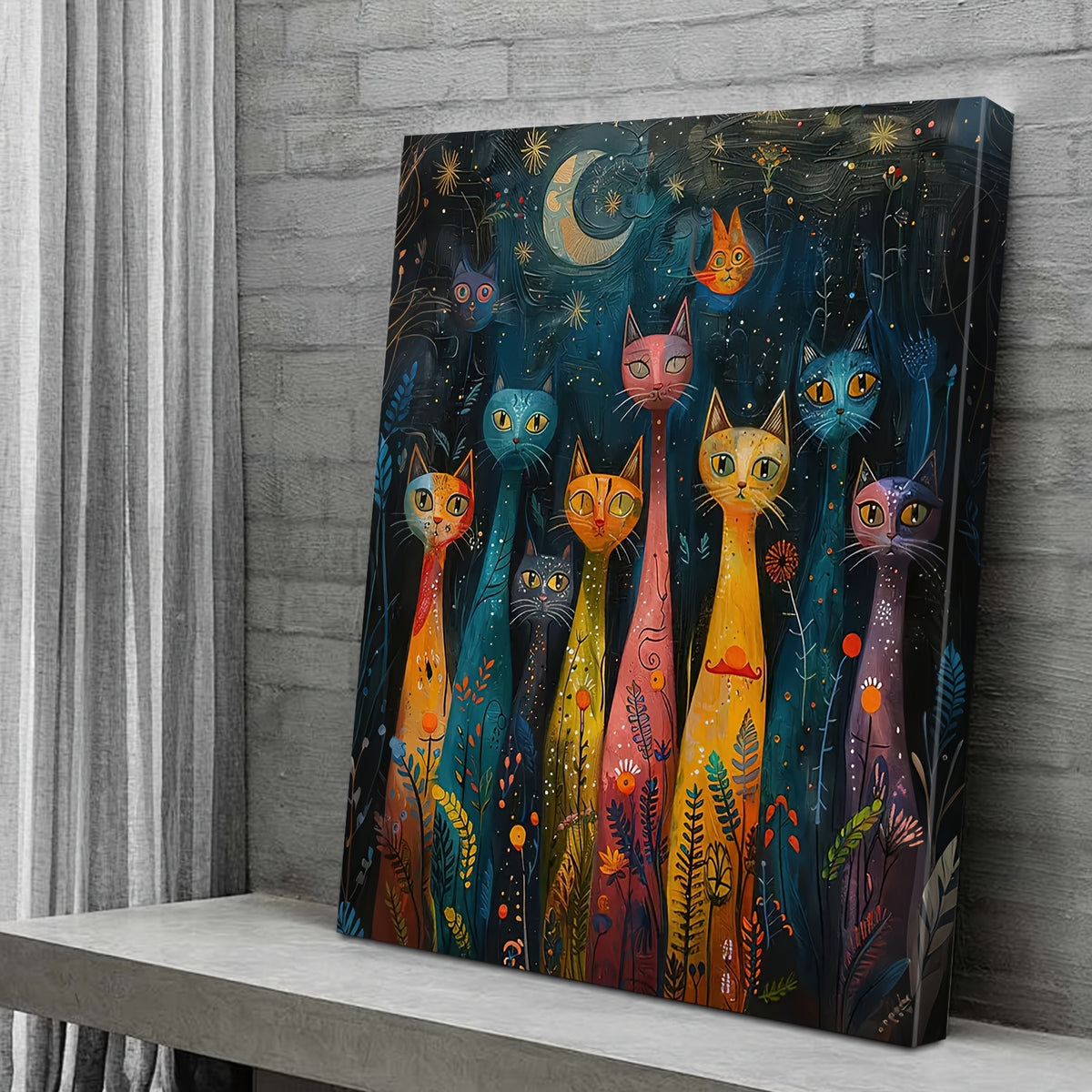 Whimsical Colorful Cats Canvas Wall Art, Folk Style Tall Cats beneath a Starry Night Sky — artwork and room preview