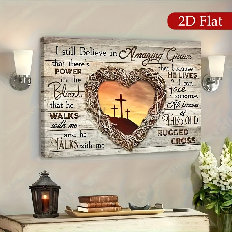 Amazing Grace Canvas Wall Art, Christian Crosses at Sunset with Rustic Inspirational Typography — artwork and room preview