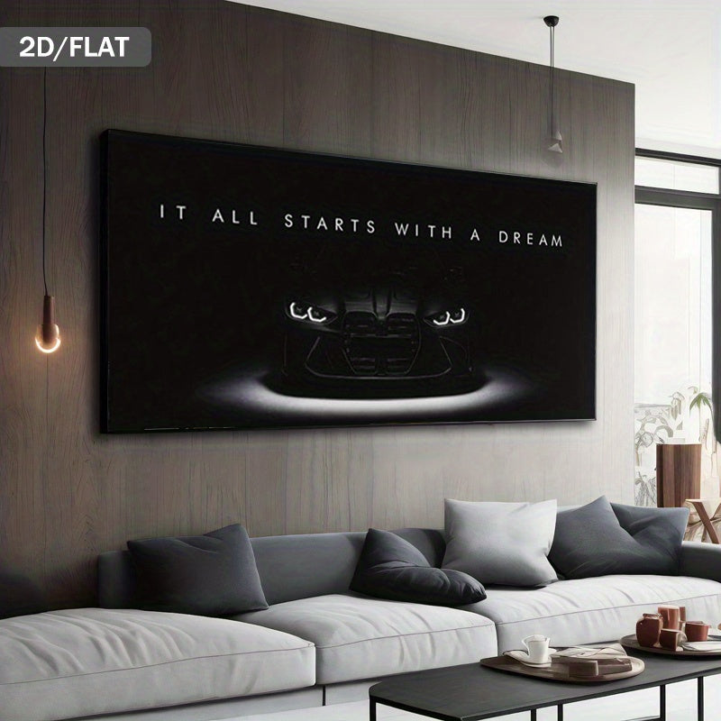 It All Starts with a Dream Canvas Wall Art, Black Sports Car and Illuminated Headlights for Office — artwork and room preview