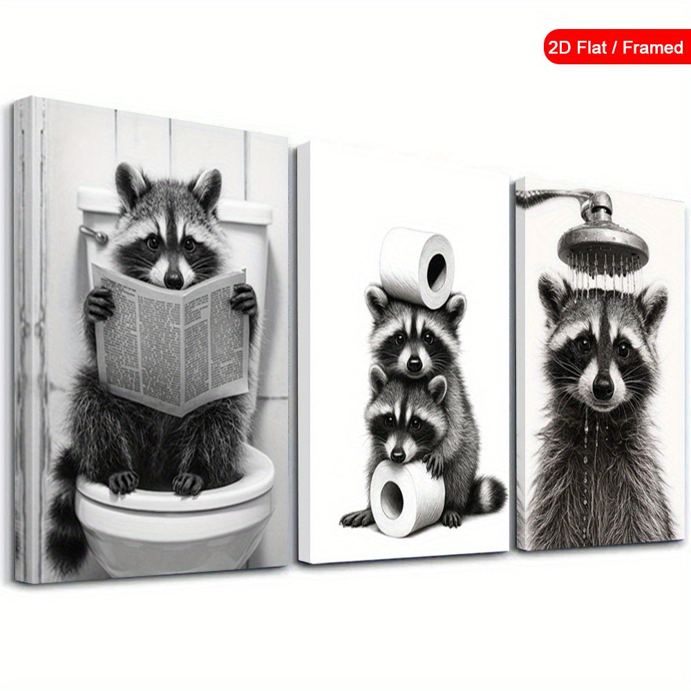 Funny Raccoon Bathroom Canvas Wall Art Set of 3, Toilet Newspaper Shower and Toilet Paper Scenes — artwork and room preview