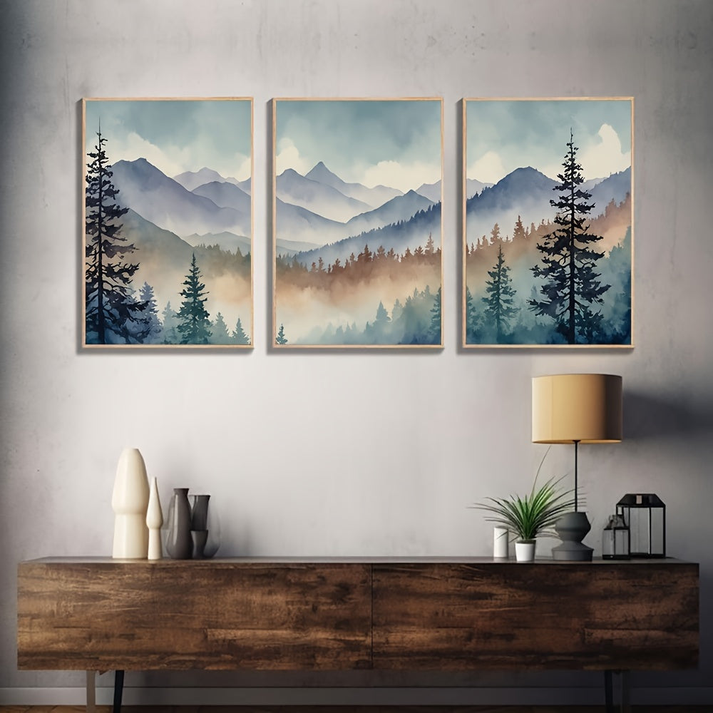 Watercolor Mountain Canvas Wall Art Set of 3, Blue Peaks and Misty Forest Landscape for Living Room — artwork and room preview