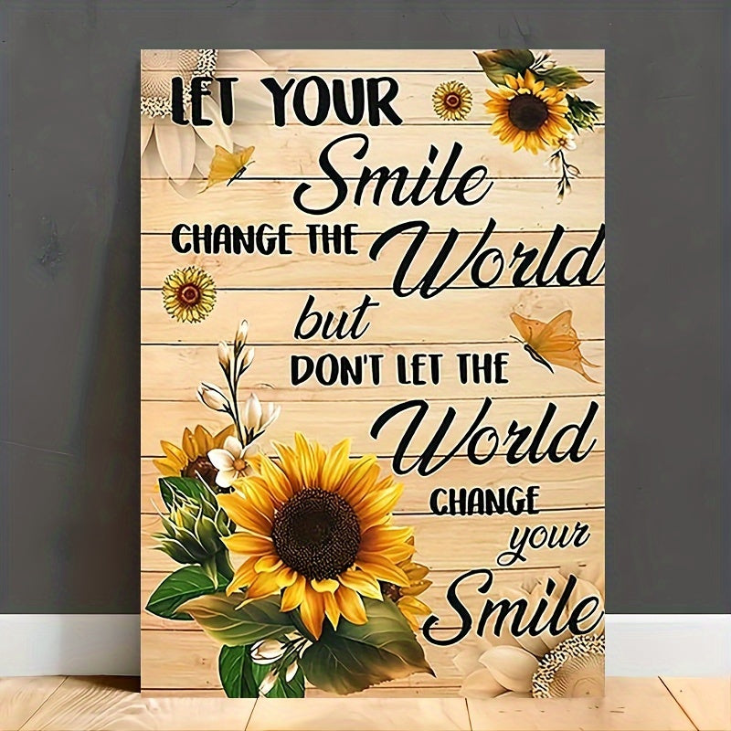 Let Your Smile Change the World Canvas Wall Art, Rustic Yellow Sunflowers and Inspirational Quote — artwork and room preview