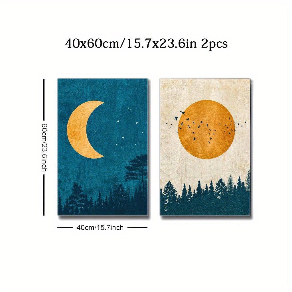 Moon and Sun Canvas Wall Art Set of 2, Blue Forest and Golden Celestial Prints for Living Room — artwork and room preview