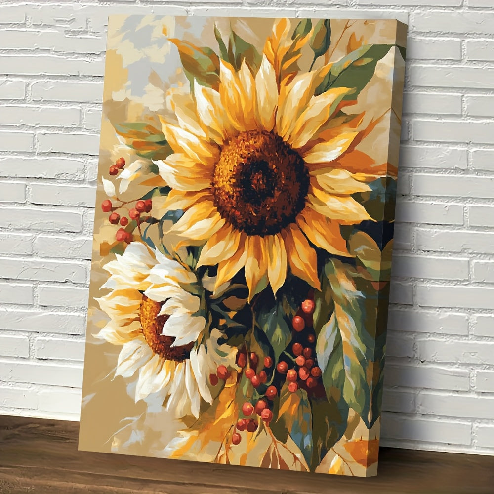 Rustic Sunflower and Berries Canvas Wall Art, Yellow Botanical Print with Warm Painterly Colors — artwork and room preview
