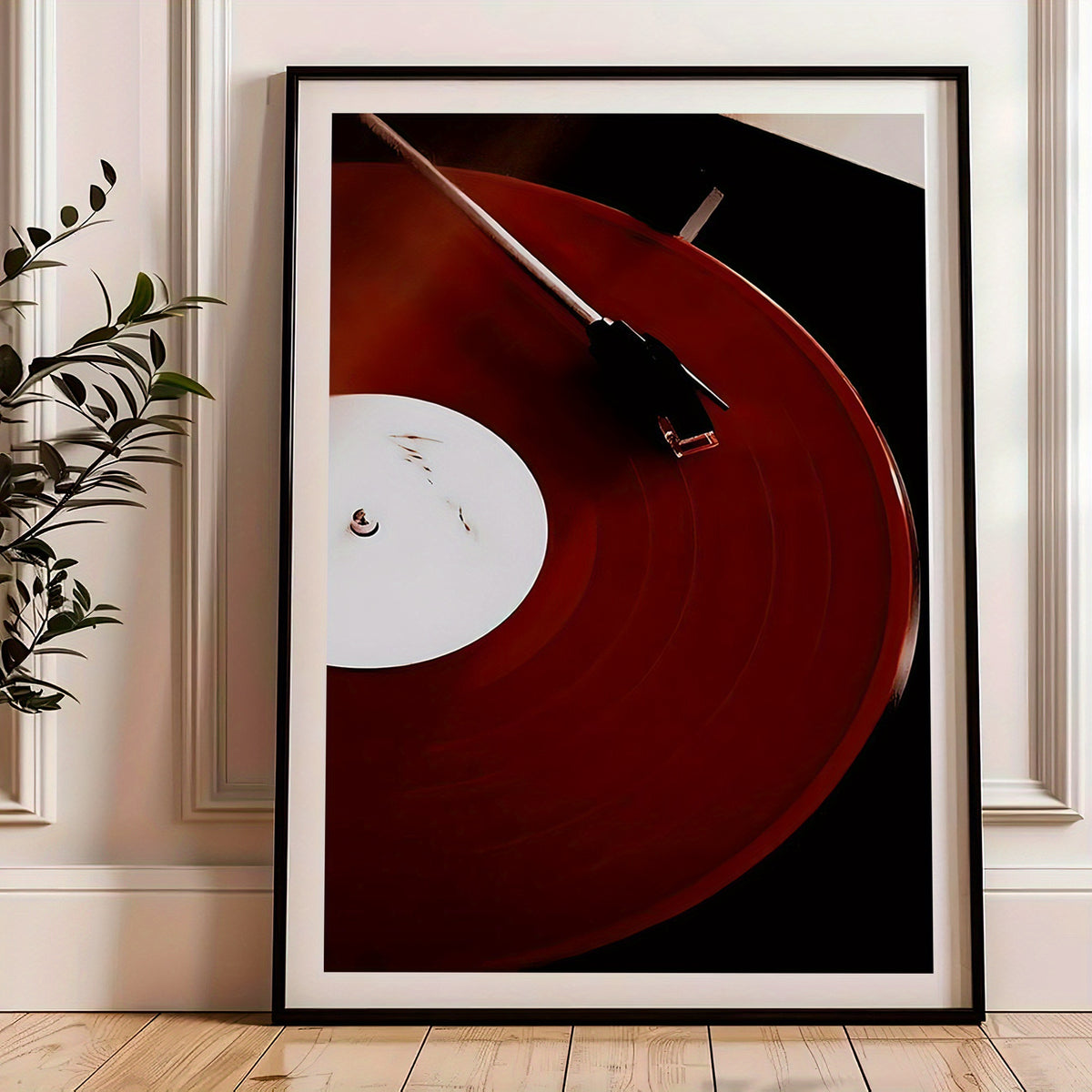 Red Vinyl Record Canvas Wall Art, Minimalist Music Turntable Print for Living Room or Home Office — artwork and room preview