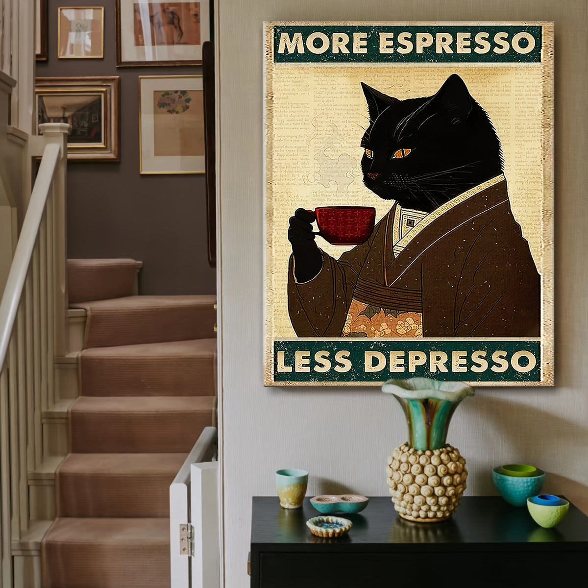More Espresso Less Depresso Canvas Wall Art, Whimsical Black Cat Coffee Print in Vintage Colors — artwork and room preview