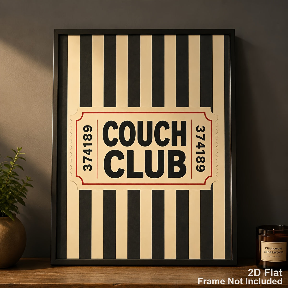 Couch Club Canvas Wall Art, Retro Ticket Typography with Black and Beige Stripes for Bedroom — artwork and room preview
